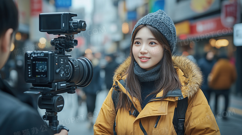 正在街头采访的女主持人图片