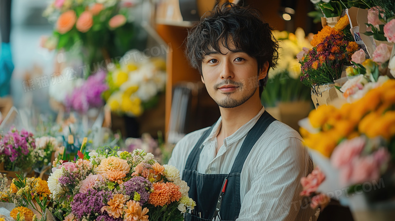 在花店工作的年轻人摄影图