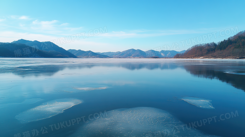 严寒冬季湖面结冰场景图片