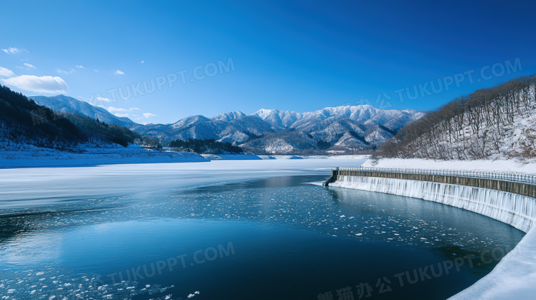 严寒冬季湖面结冰场景图片