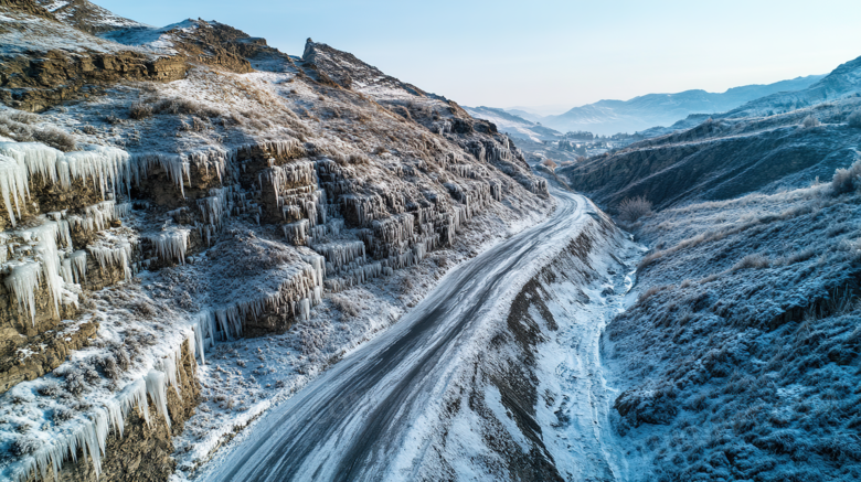 严寒冬季结冰的公路道路图片