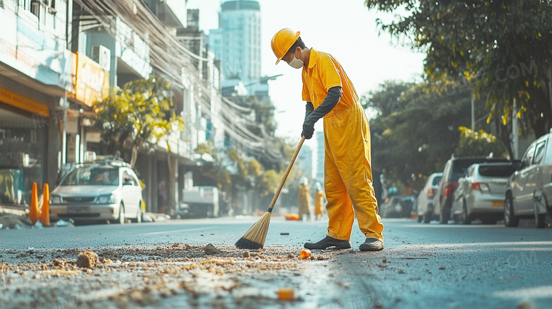 环卫工正在路边保洁打扫图片
