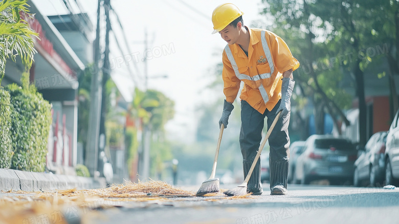 环卫工正在路边保洁打扫图片