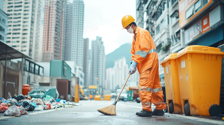 环卫工正在路边保洁打扫图片