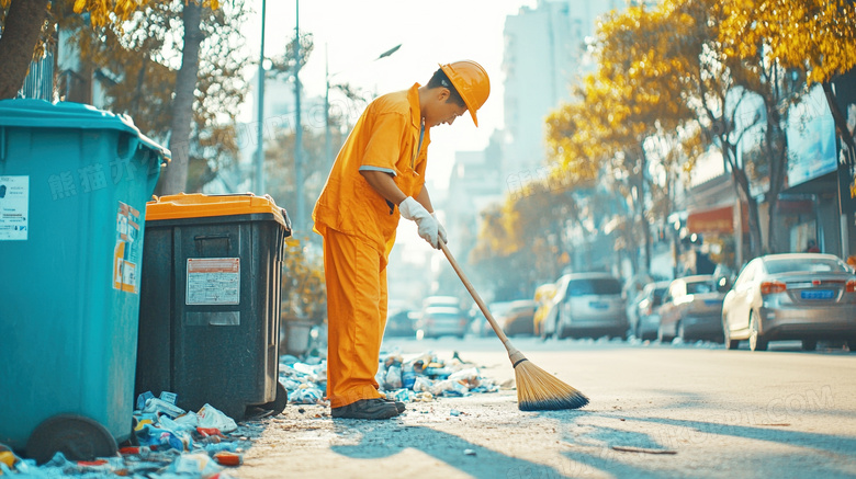 环卫工正在路边保洁打扫图片