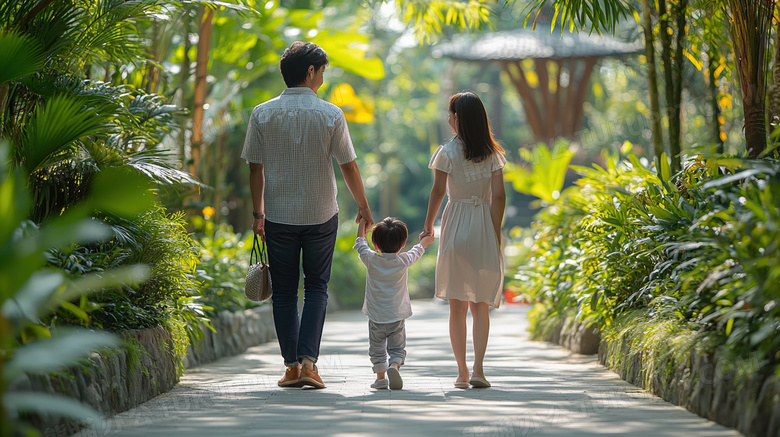牵手一起散步的一家人图片