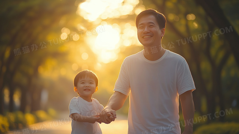 夕阳下牵手的父子图片