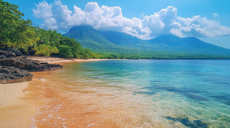 大海海边和远山图片