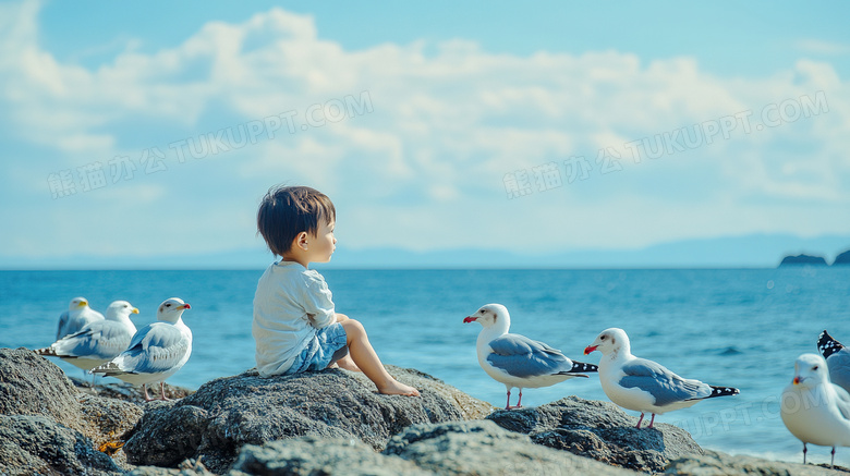 海边的孩子与海鸥图片