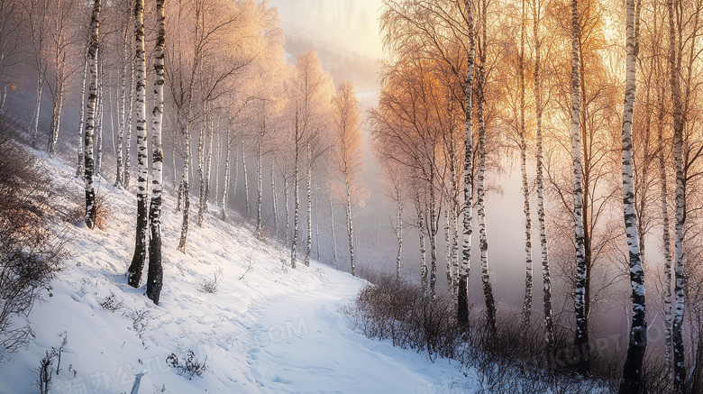 冬季雪景雪中白桦林图片