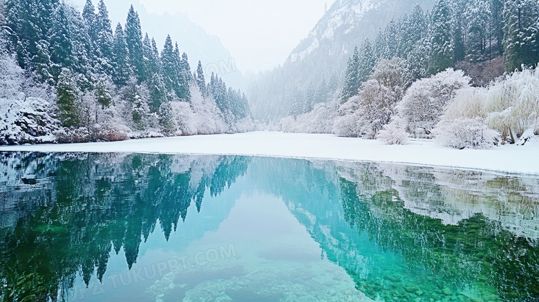 冬季雪景小湖海子碧绿湖面风光图片