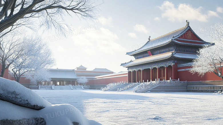 冬季雪景中式建筑园林红墙景观图片