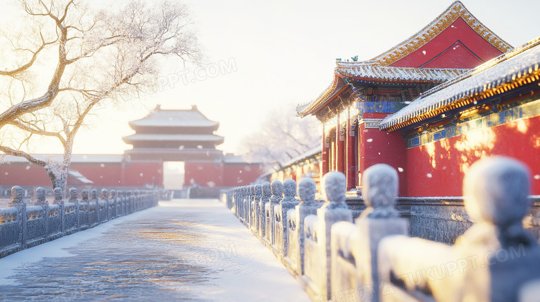 冬季雪景中式建筑园林红墙景观图片