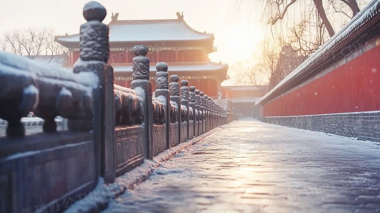 冬季雪景中式建筑园林红墙景观图片