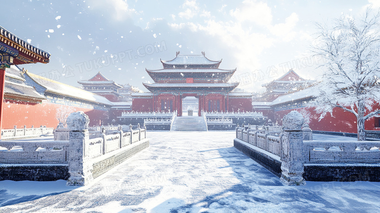 冬季雪景中式建筑园林红墙景观图片