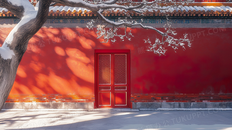 冬季雪景中式建筑园林红墙景观图片