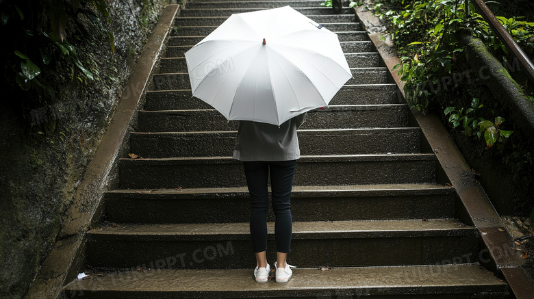 楼梯街道一个人撑着雨伞图片