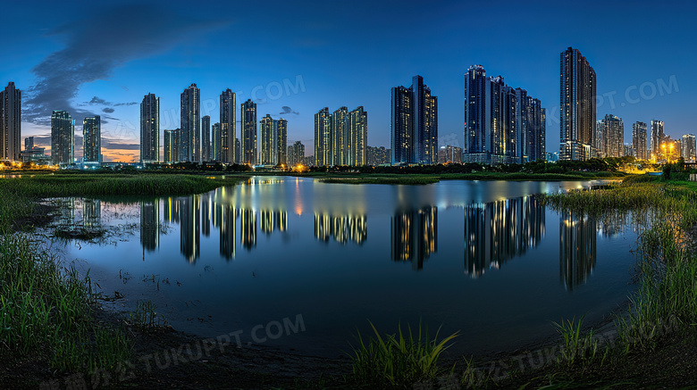 湖边城市夜景风景夜晚图片