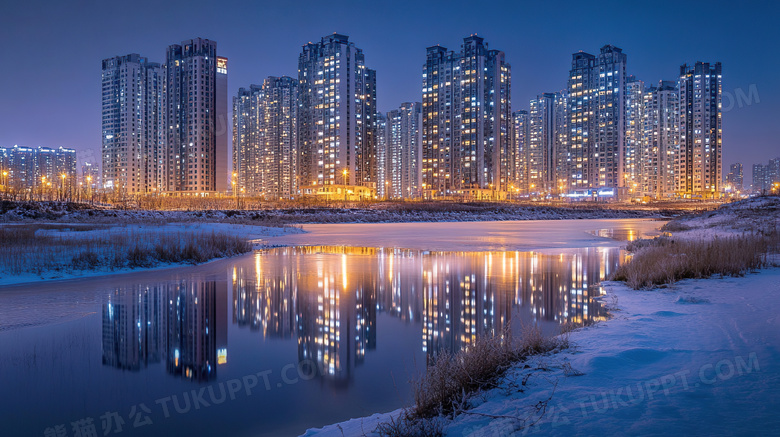 江边城市夜景风景夜晚图片