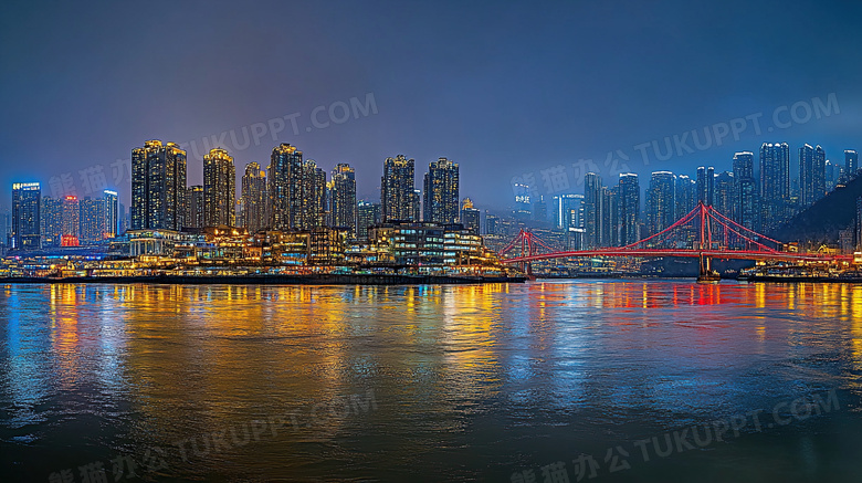 江边城市夜景风景夜晚图片