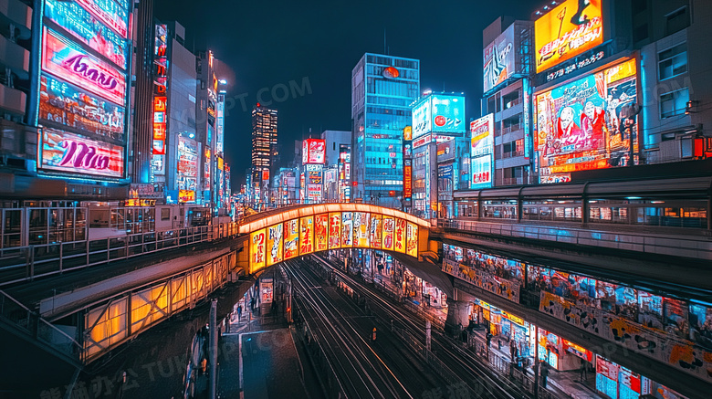 霓虹灯城市高楼夜景夜晚图片