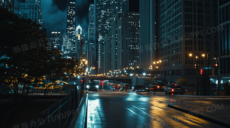 马路城市高楼夜景夜晚图片