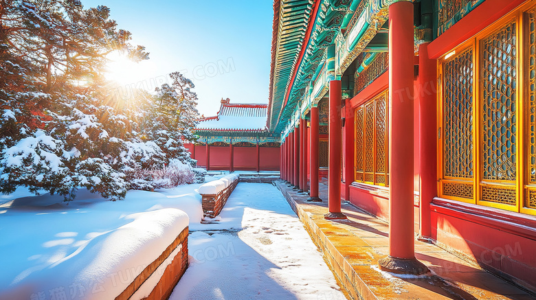 冬季旅游胜地颐和园古建筑雪景概念图片