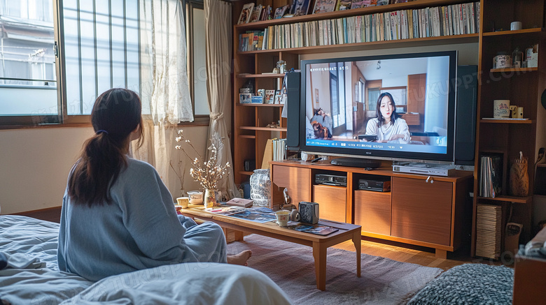 女孩看电影看电视休息休闲图片