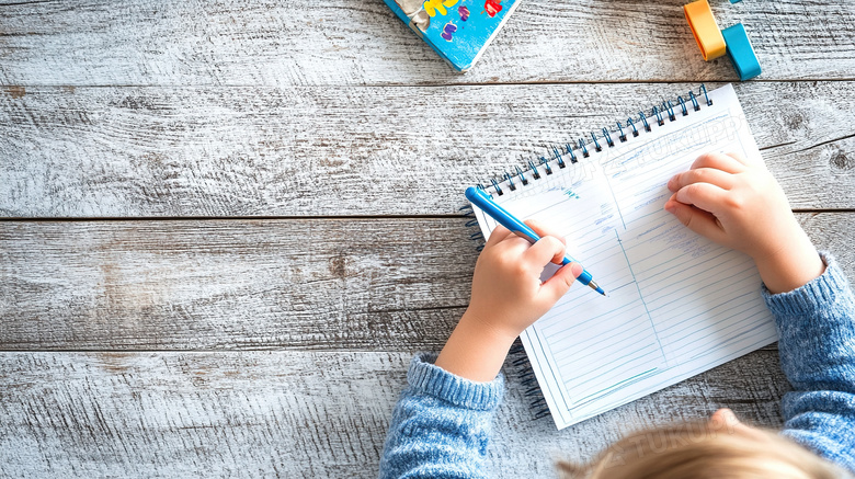 小孩在纸上拿笔写字图片