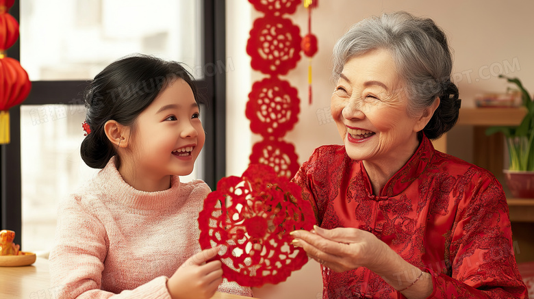 小女孩和老奶奶拿着新年剪纸图片