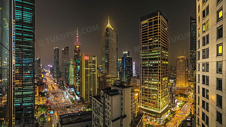 夜间城市夜景鸟瞰图图片