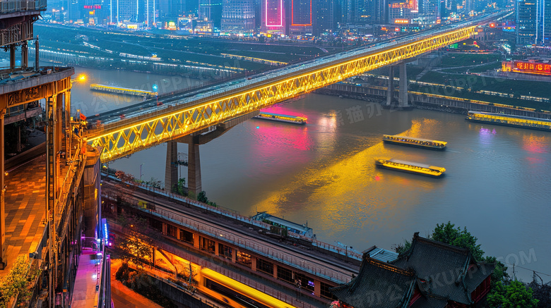 夜间城市夜景鸟瞰图图片