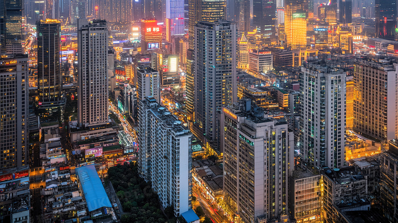 夜间城市夜景鸟瞰图图片