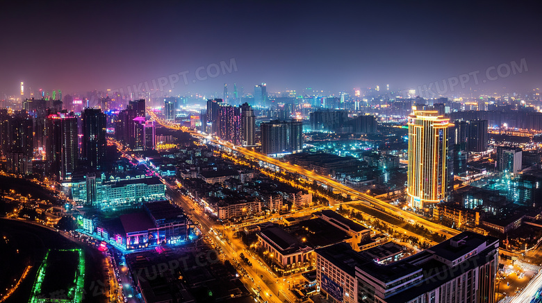 夜间城市夜景鸟瞰图图片