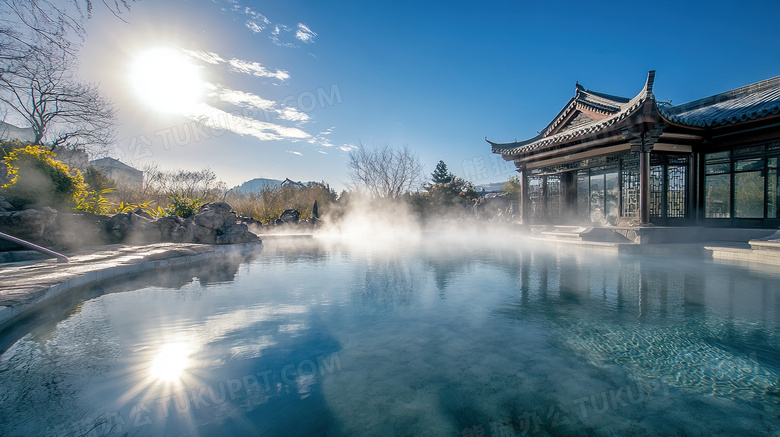 度假山庄天然地热温泉泳池图片