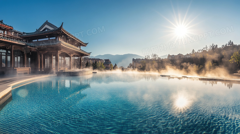 度假山庄天然地热温泉泳池图片