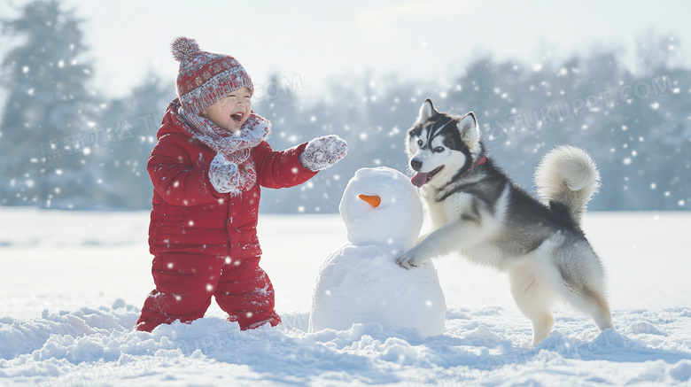 小孩和哈士奇在堆雪人治愈系图片