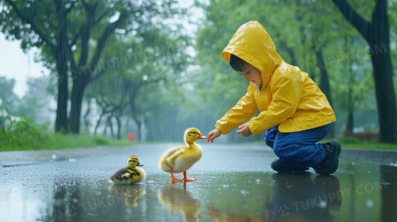 雨天里小孩和小鸭玩耍治愈系图片