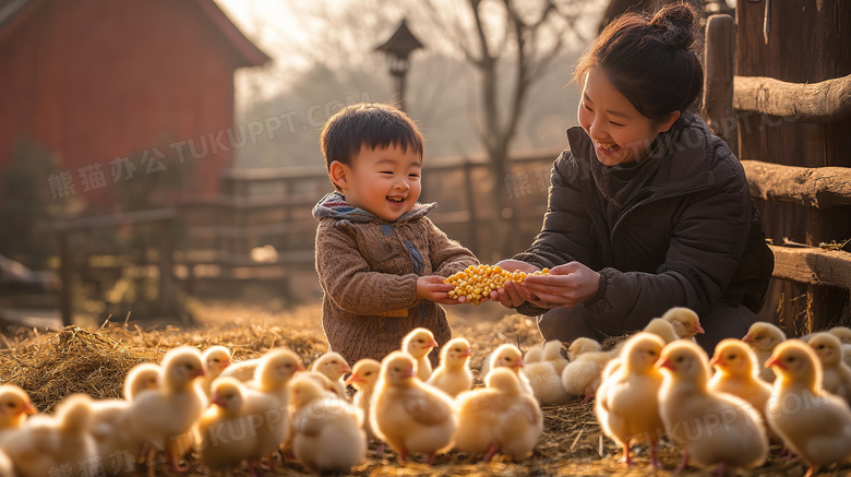 孩子和大人一起喂鸡治愈系图片