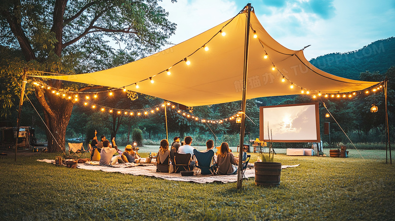 在看户外电影的年轻人图片