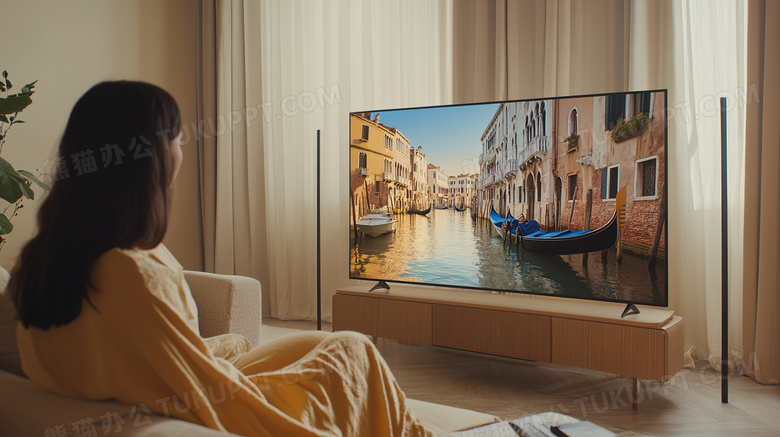 客厅内看电视的美女女性图片