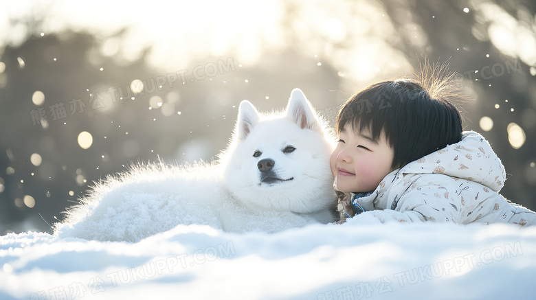 一个小孩正在和一只狗狗在雪地打滚玩耍图片