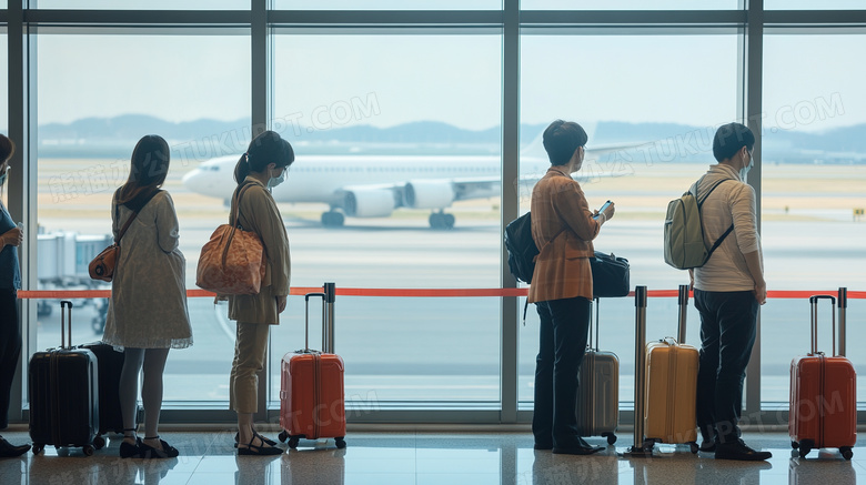 机场寒战楼候机厅等候飞机的旅客图片