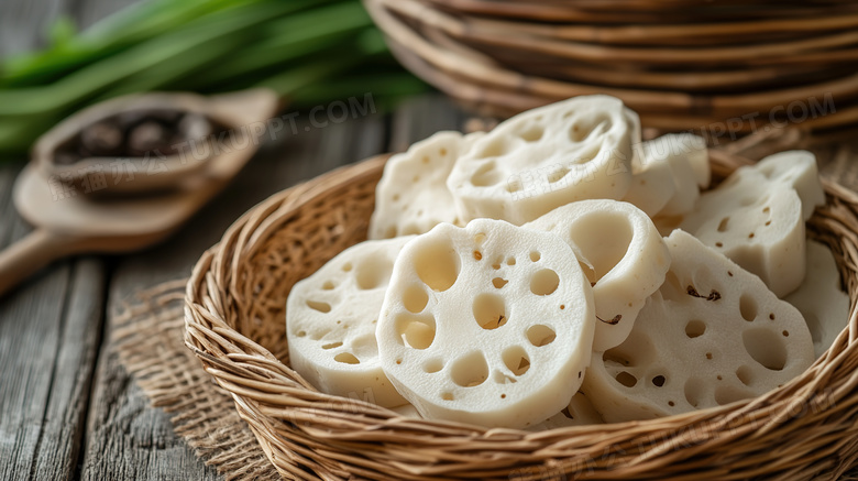 盘子里的新鲜莲藕片食物食材图片