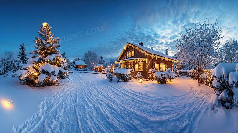 圣诞节木屋喜庆装扮雪景图片