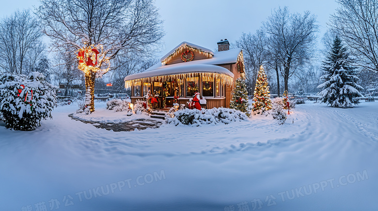 圣诞节木屋喜庆装扮雪景图片