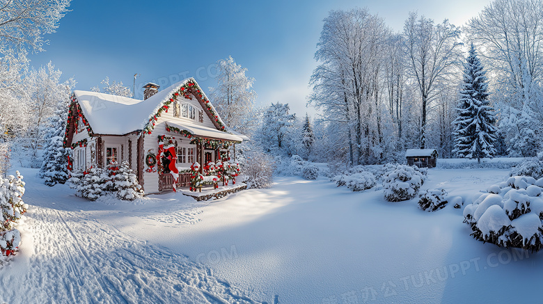 圣诞节木屋喜庆装扮雪景图片