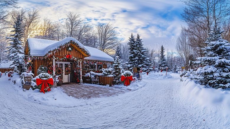 圣诞节木屋喜庆装扮雪景图片