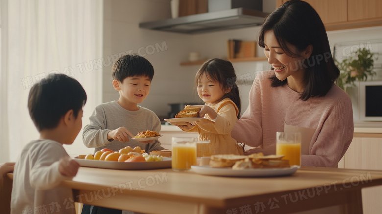 妈妈带孩子吃早餐图片