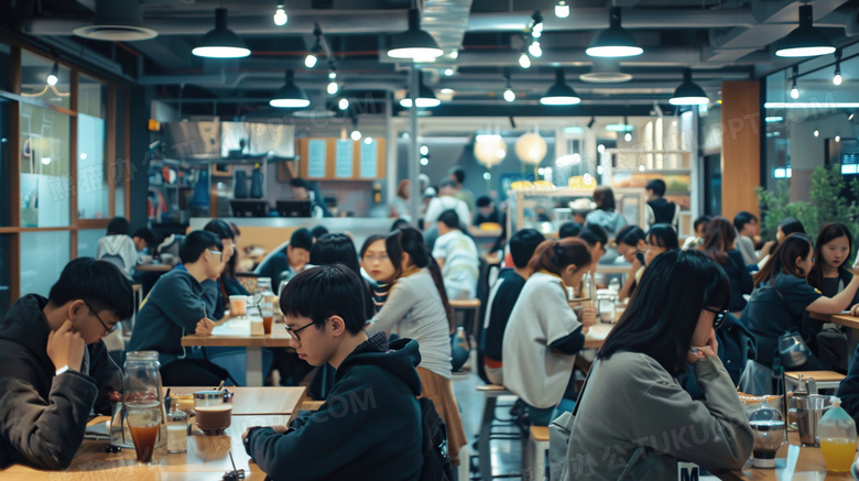 一群学生食堂吃饭场景图片